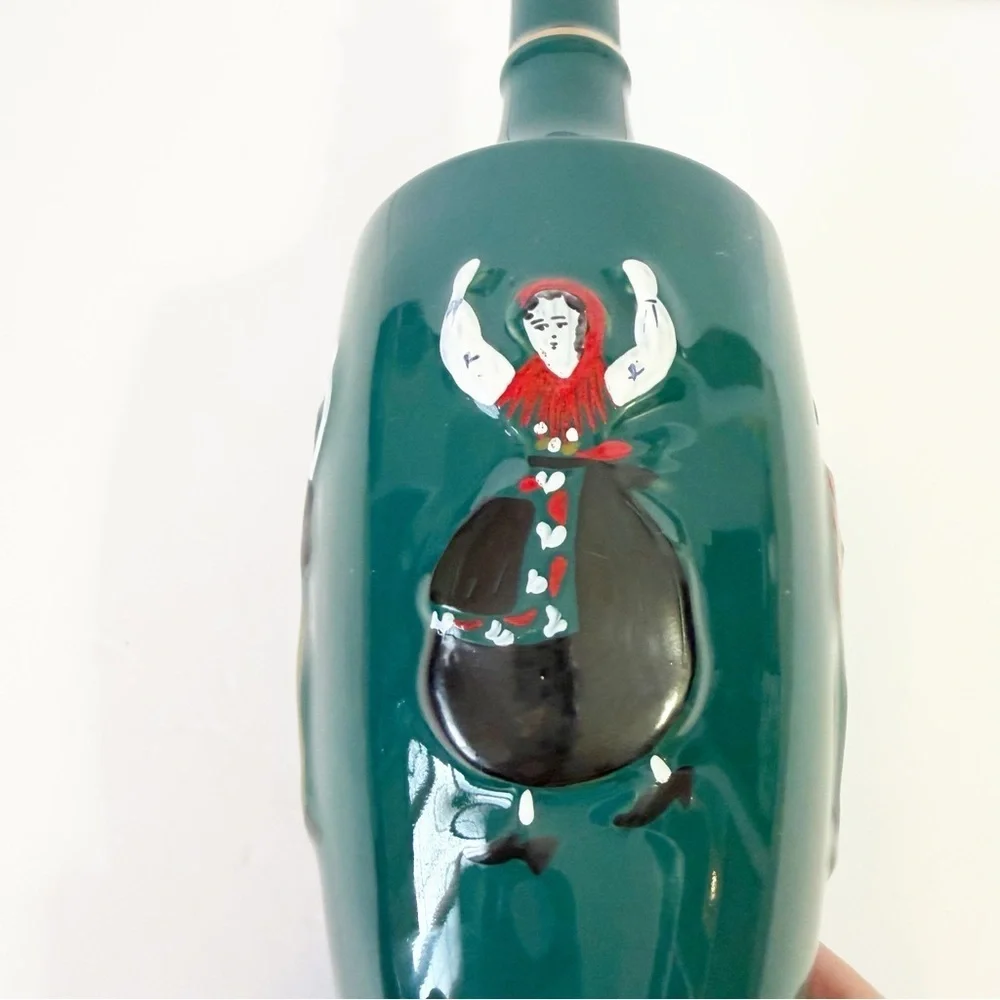 Real Vinicola Portugal Porcelain Green Embossed Wine Bottle Folk Dancers EMPTY